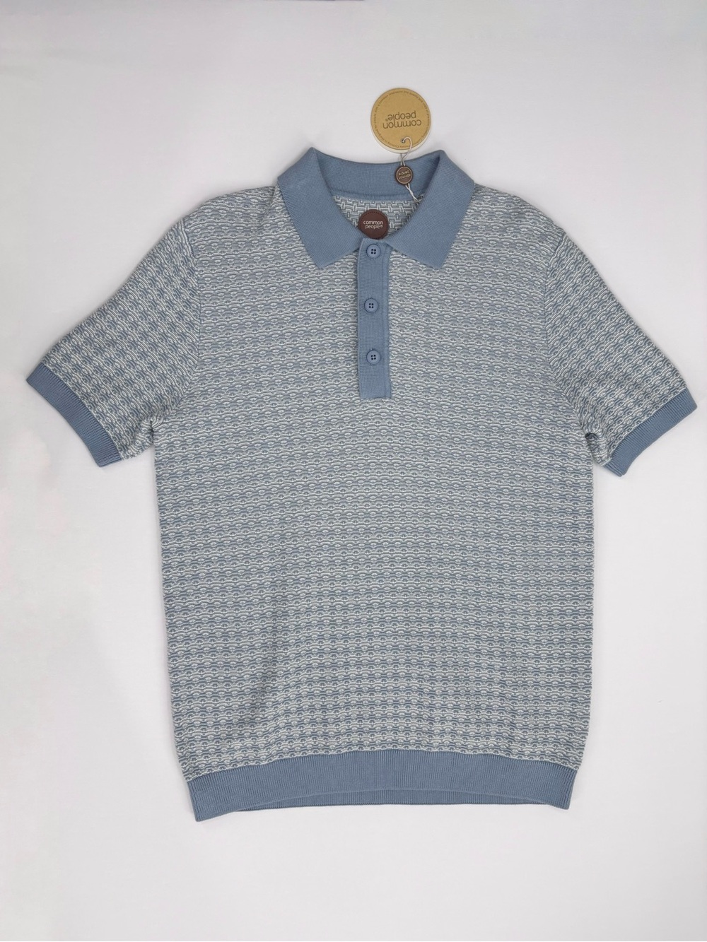 Common People NWT Logan Blue & Ivory 3 Button Jacquard Polo Sweater, Small